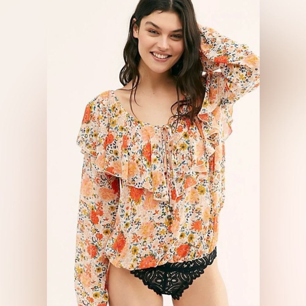 Free People Intimately Free Say It To Me Floral Flounced Bodysuit Size L - Picture 1 of 8